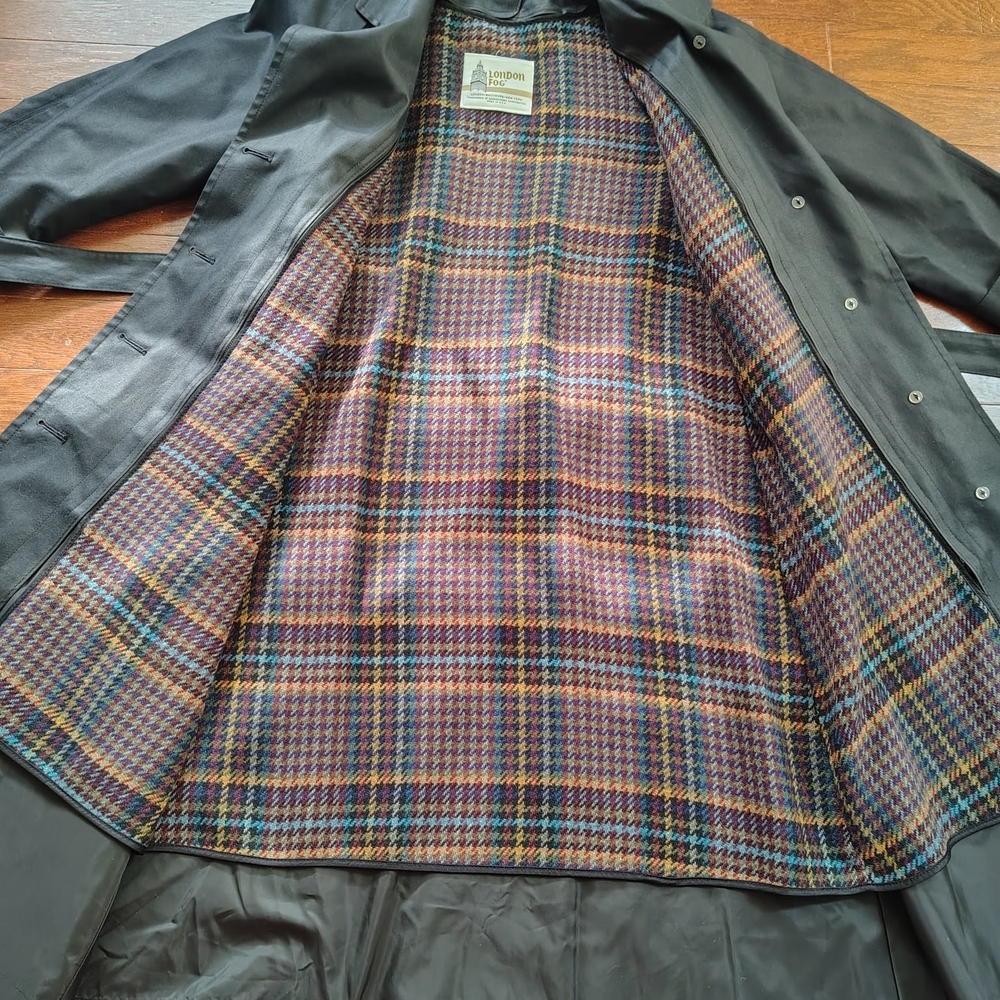 London Fog Black Trench Coat with Vibrant Plaid Lining